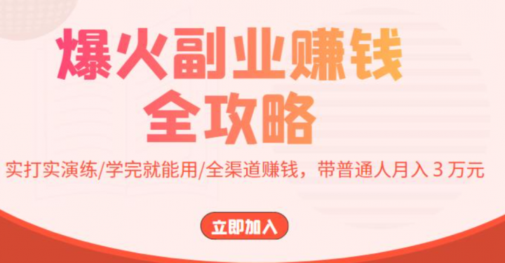 爆火副业赚钱全攻略：实打实演练/学完就能用/全渠道赚钱